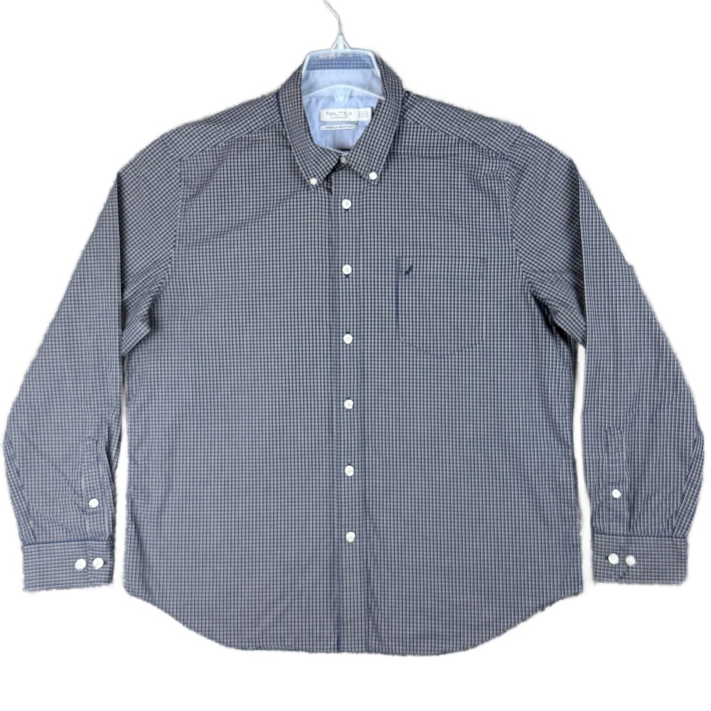 Nautica Men's XL Classic Fit Blue Micro Check Wrinkle Resistant Dress Work Shirt